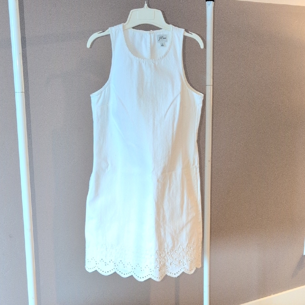 J. Crew White Denim Shift Dress With Eyelet Detail & Pockets